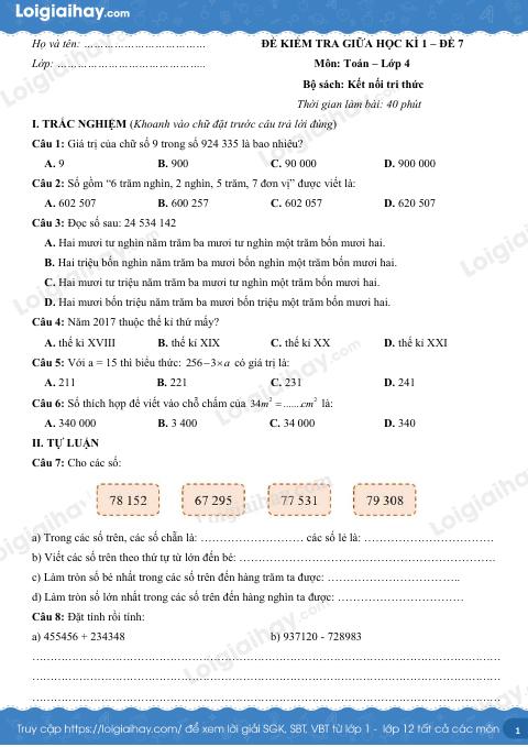 Đề kiểm tra giữa học kì 1 Toán 4 Kết nối tri thức - Đề số 7